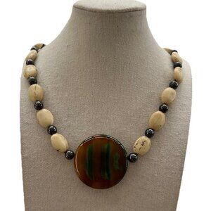 Vintage Glass Necklace Brown Gemstone Dichroic Foil Pendant Marble Bead 21”